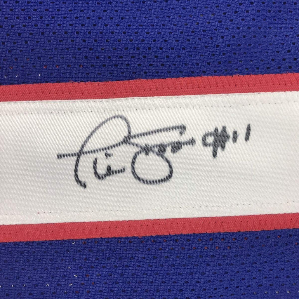 Autographed/Signed Phil Simms New York Blue Football Jersey JSA COA