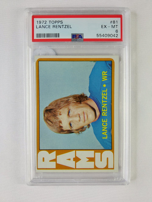 1972 Topps Lance Rentzel #81 football card graded PSA 6 EX-MT, featuring Rentzel with the Los Angeles Rams.