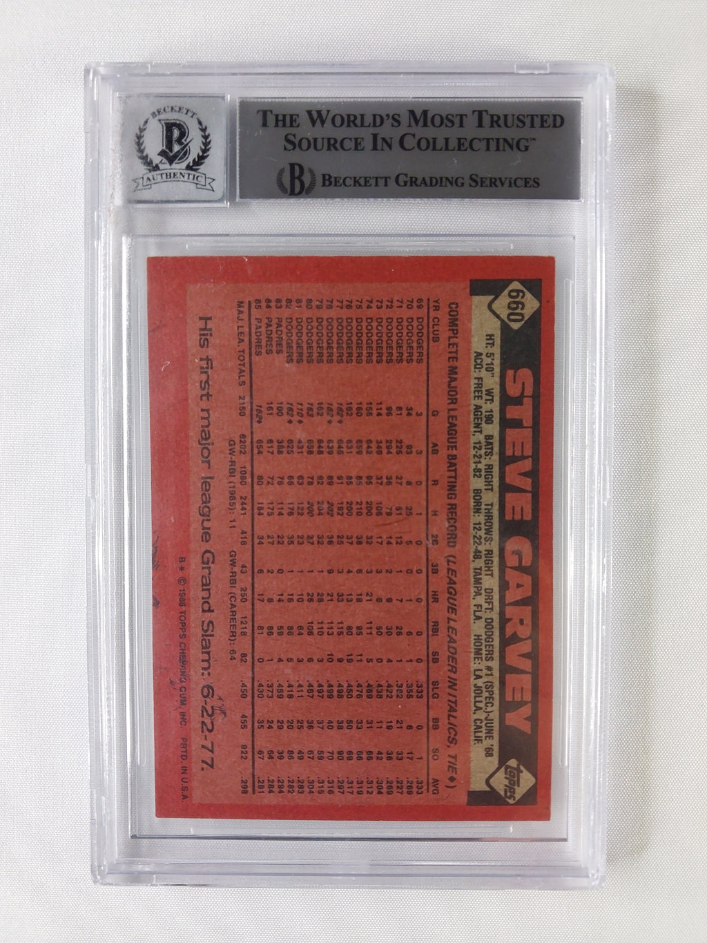 Back of 1986 Topps Steve Garvey #660 Beckett-authenticated signed baseball card showing career statistics and Padres card details.
