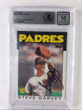 Front of 1986 Topps Steve Garvey #660 San Diego Padres card with on-card signature authenticated by Beckett and graded Auto 10.
