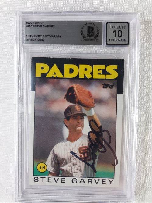 Front of 1986 Topps Steve Garvey #660 San Diego Padres card with on-card signature authenticated by Beckett and graded Auto 10.