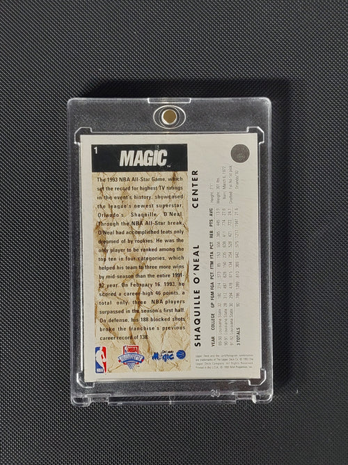 Back of 1992-93 Upper Deck Shaquille O'Neal #1 rookie card showing Orlando Magic biography and college statistics