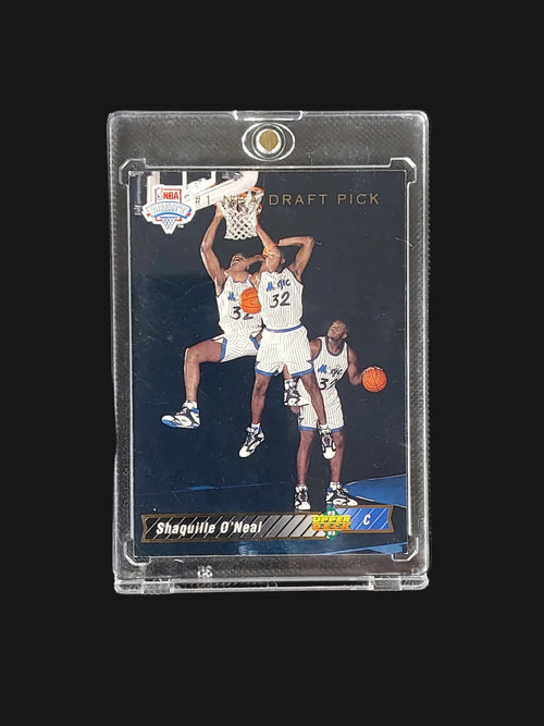 1992-93 Upper Deck Shaquille O'Neal #1 Draft Pick rookie card featuring Orlando Magic action images