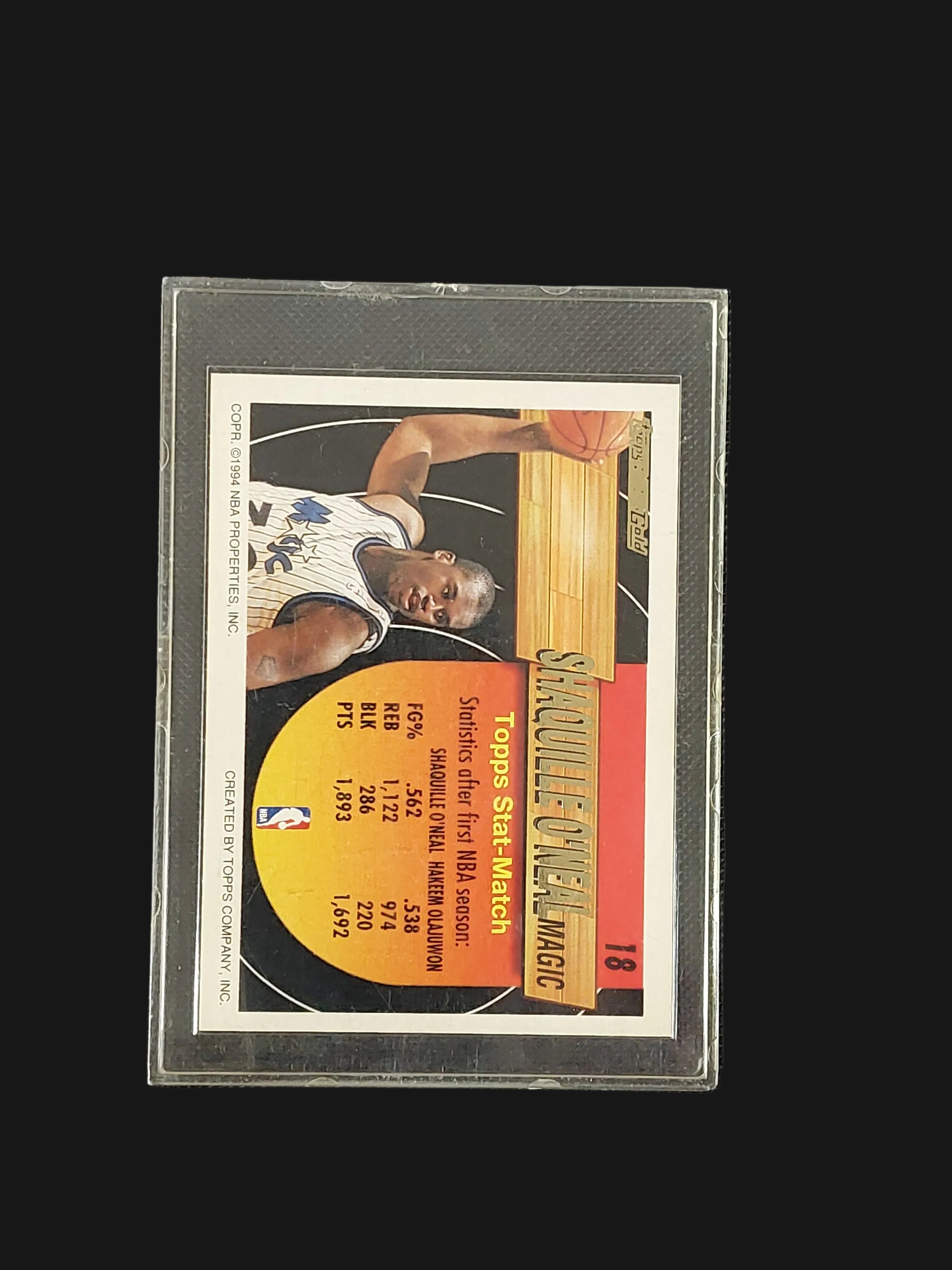 Back of 1993-94 Topps Black Gold Shaquille O'Neal #18 showing the card number, Orlando Magic identification and player information.