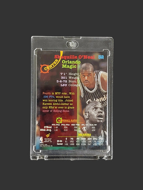 Back of 1994-95 Topps Stadium Club Shaquille O'Neal #32 showing Orlando Magic player information and card details.