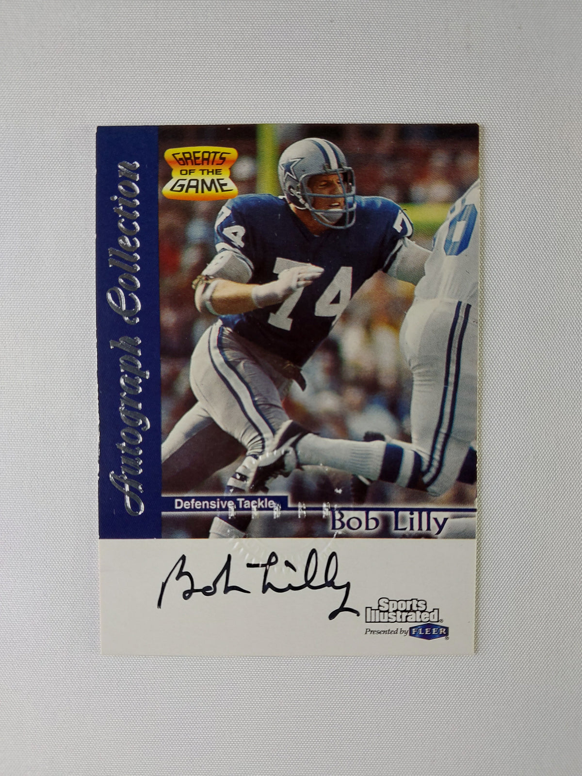Front of 1999 Fleer Sports Illustrated Greats of the Game Bob Lilly certified on-card autograph featuring the Dallas Cowboys defensive tackle.