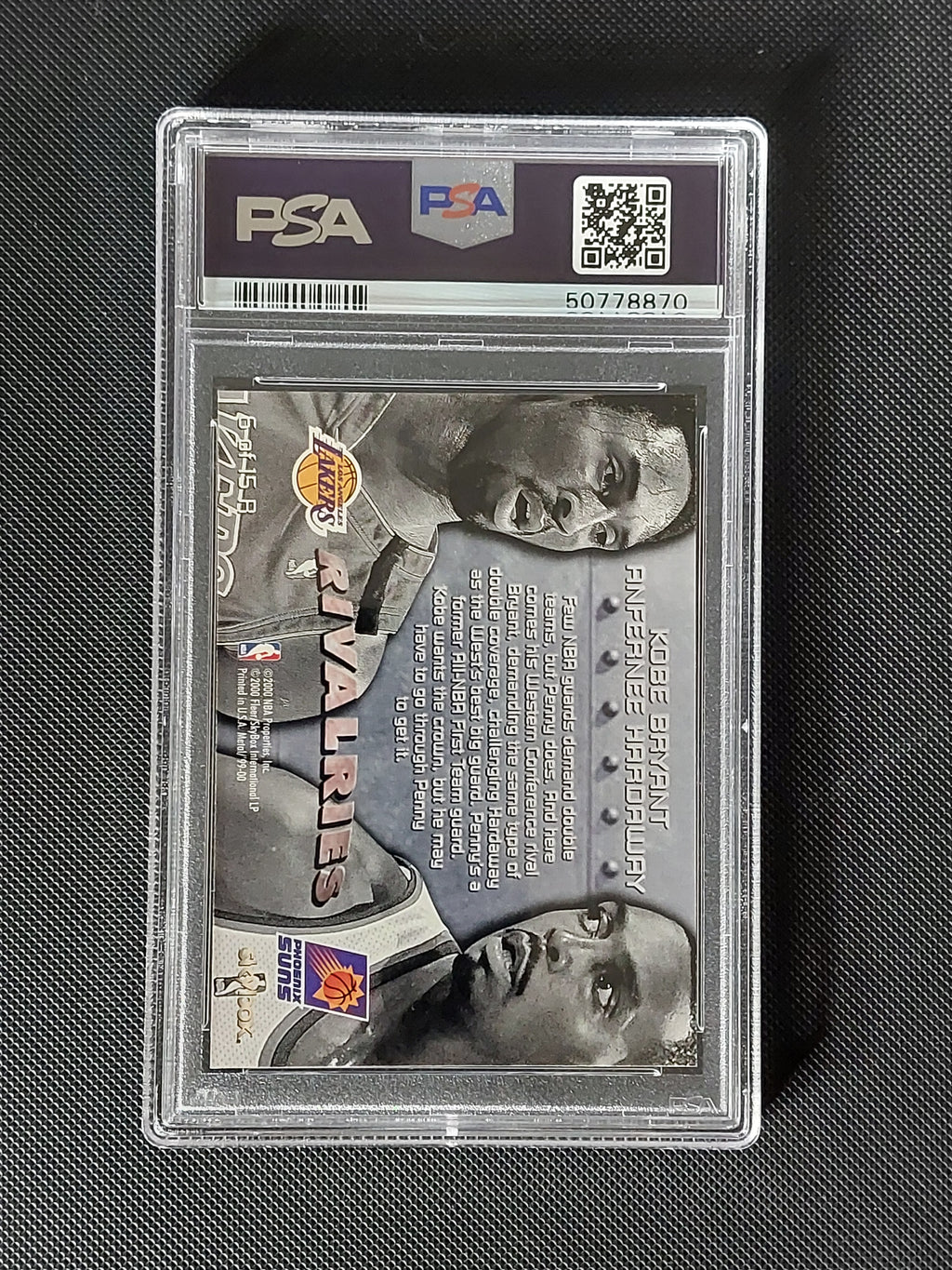 Back of Kobe Bryant and Penny Hardaway 1999 Metal Rivalries #6R basketball card in PSA Mint 9 slab with certification 50778870.