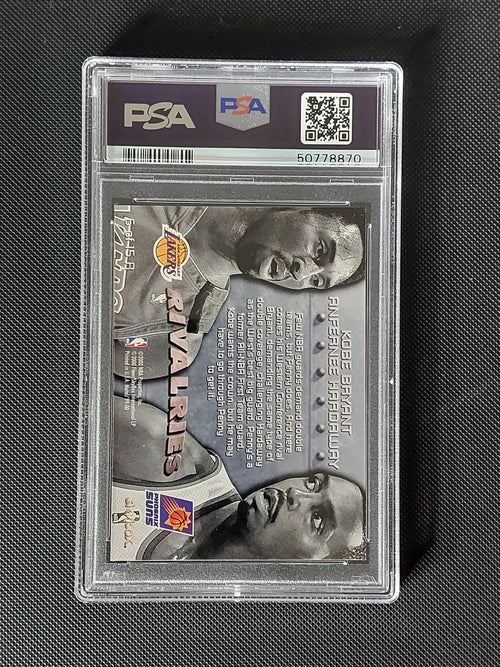Back of Kobe Bryant and Penny Hardaway 1999 Metal Rivalries #6R basketball card in PSA Mint 9 slab with certification 50778870.