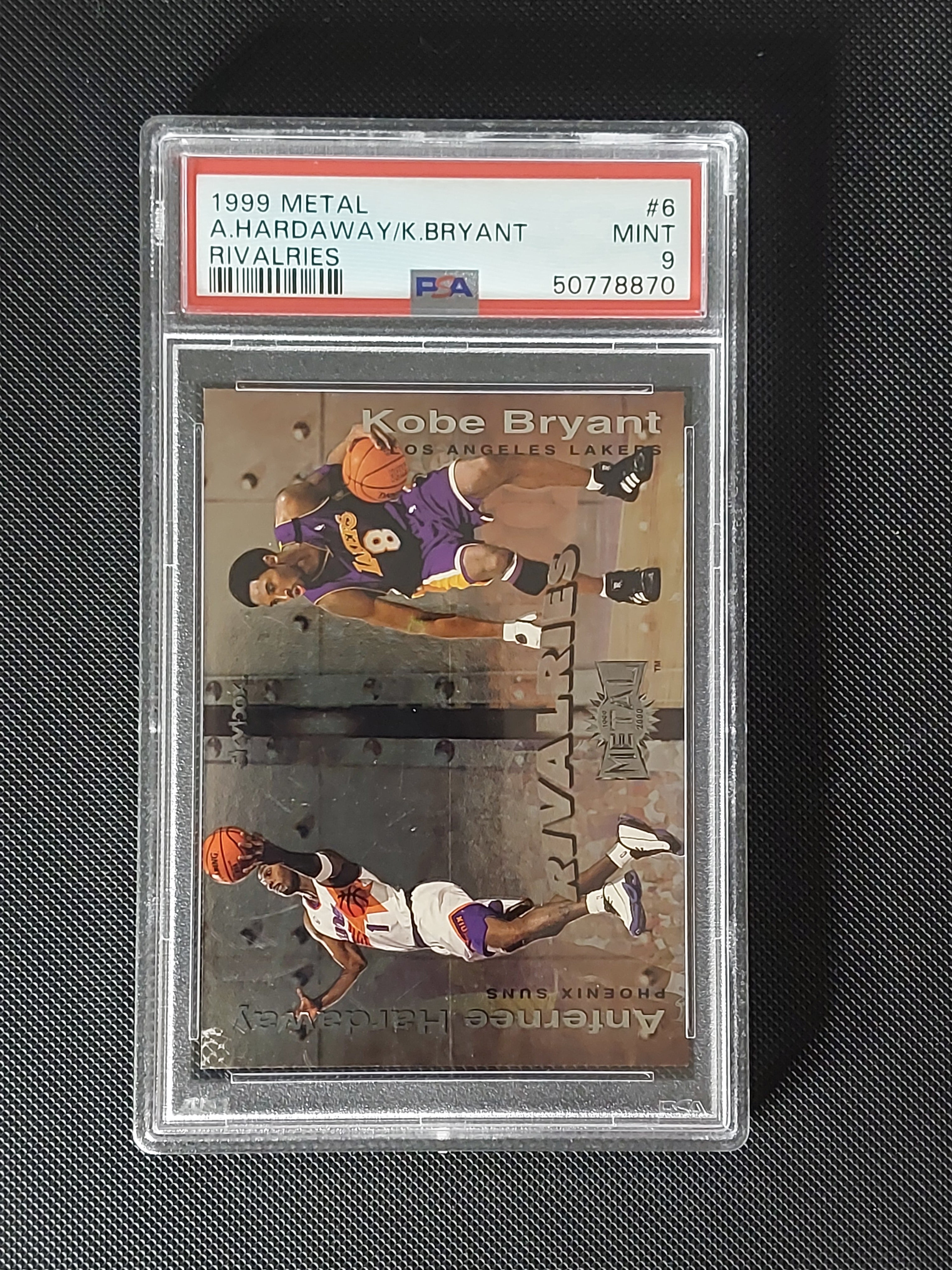 Front of 1999 SkyBox Metal Rivalries #6R featuring Kobe Bryant and Penny Hardaway, professionally graded PSA Mint 9.