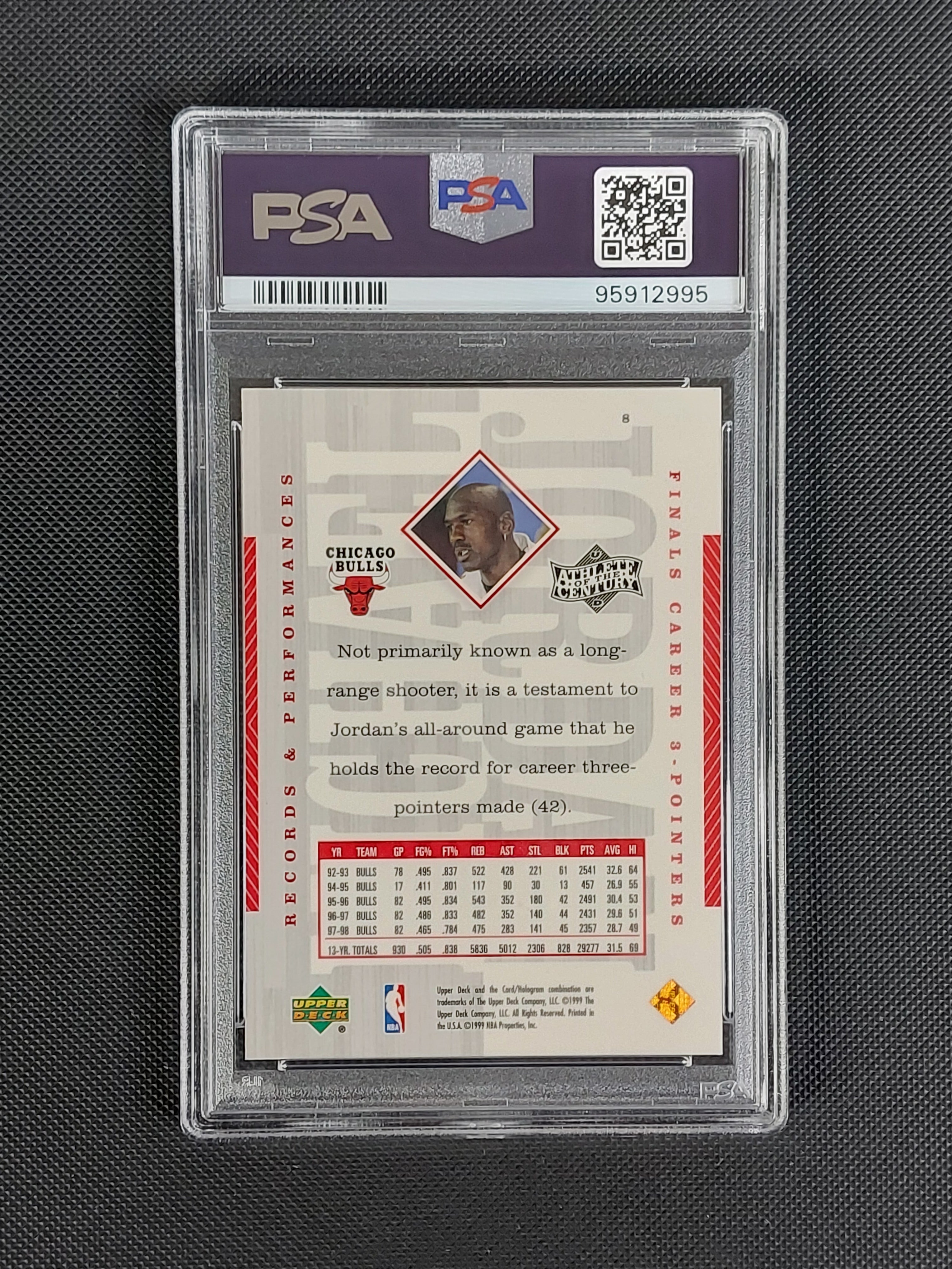 Back of 1999 Upper Deck Michael Jordan Athlete of the Century #8 PSA 9 basketball card