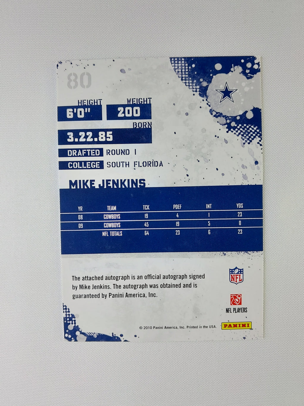 Back of 2010 Score Mike Jenkins Signatures #80 showing Dallas Cowboys player information and Panini America's autograph guarantee.