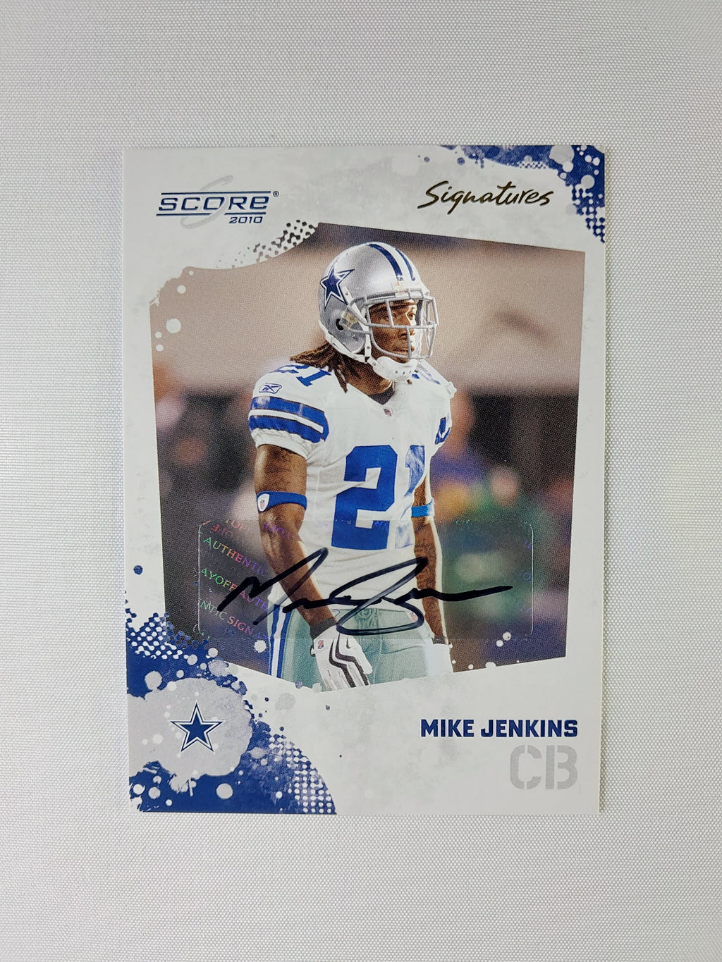 Front of 2010 Score Mike Jenkins Signatures #80 featuring the Dallas Cowboys cornerback with a certified autograph.