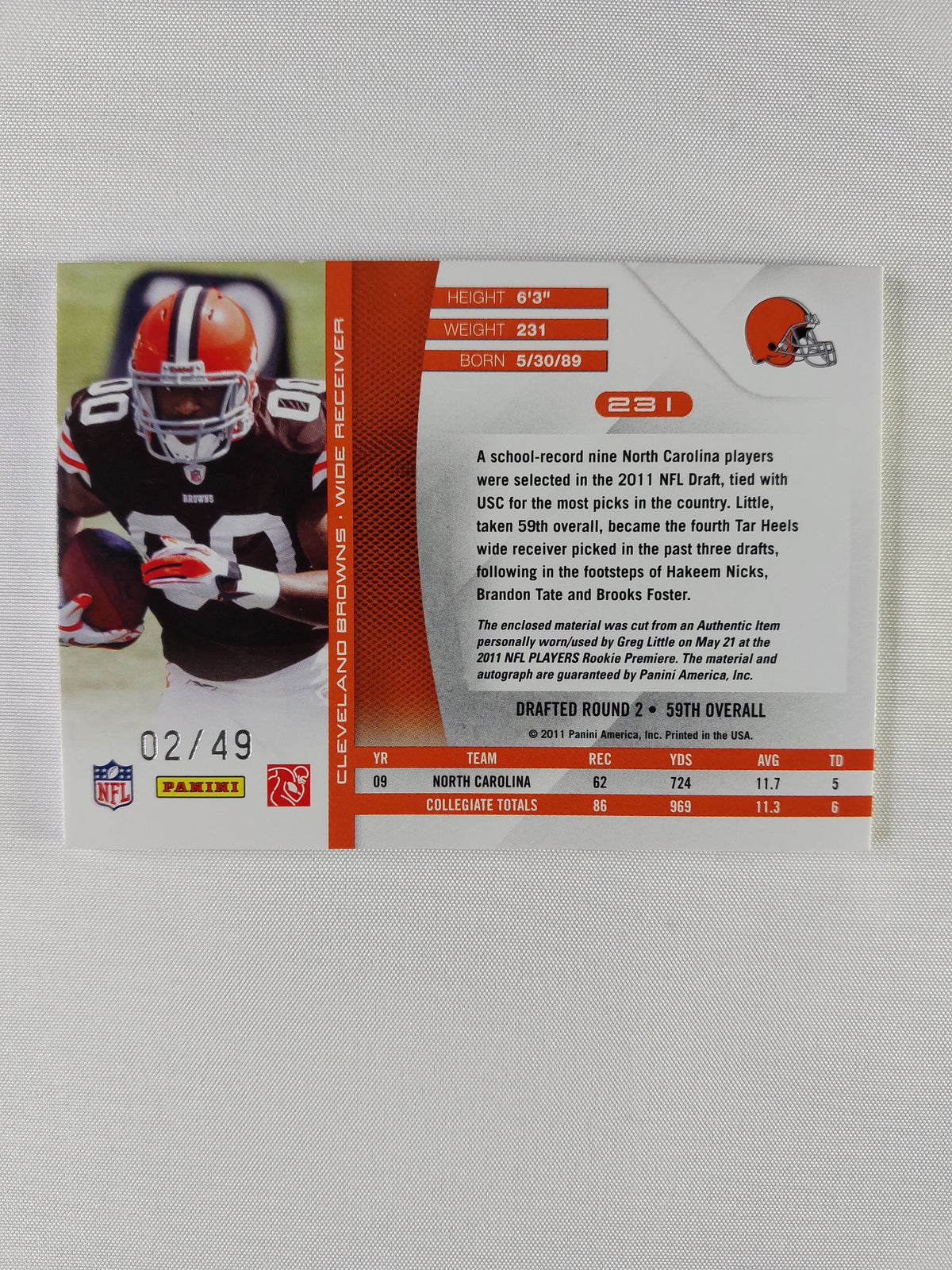 Back of 2011 Absolute Memorabilia Greg Little Rookie Premiere Materials #231 showing serial number 02/49 and 2011 NFL Players Rookie Premiere memorabilia authentication.