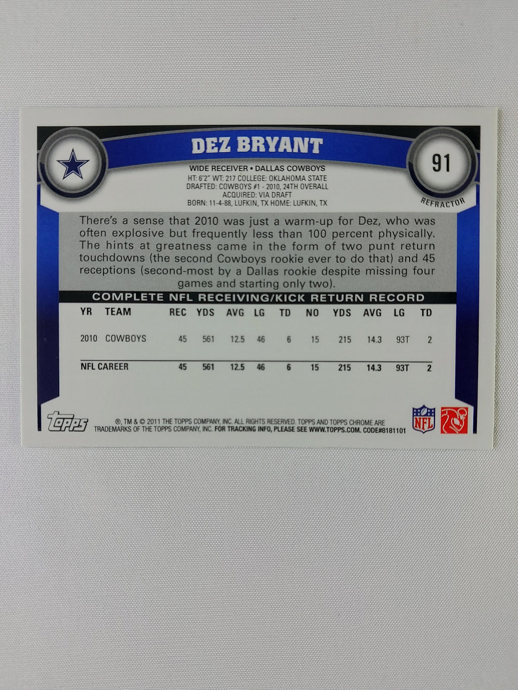 Back of 2011 Topps Chrome Dez Bryant #91 showing the Refractor designation, Dallas Cowboys information and rookie-season statistics.