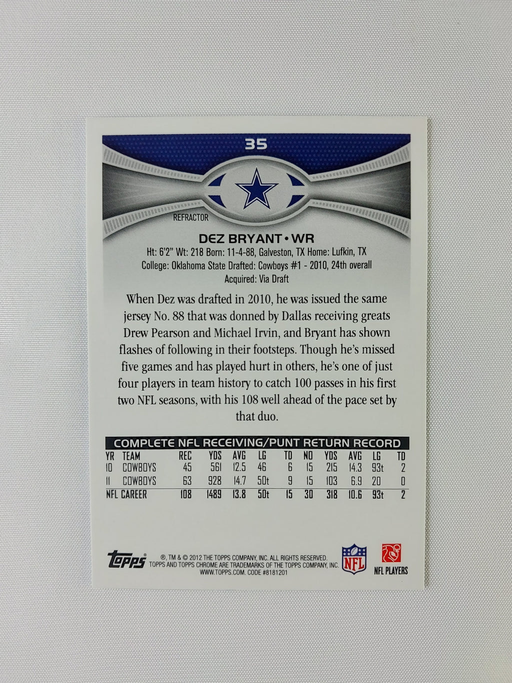 Back of 2012 Topps Chrome Dez Bryant #35 showing the Refractor designation and Dallas Cowboys career statistics.