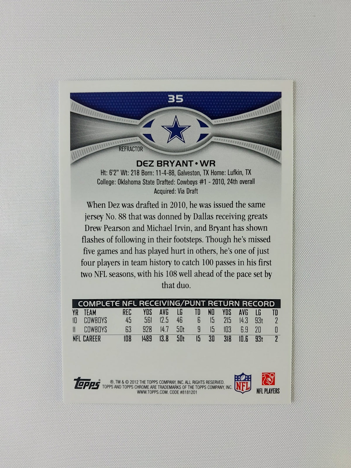 Back of 2012 Topps Chrome Dez Bryant #35 showing the Refractor designation and Dallas Cowboys career statistics.