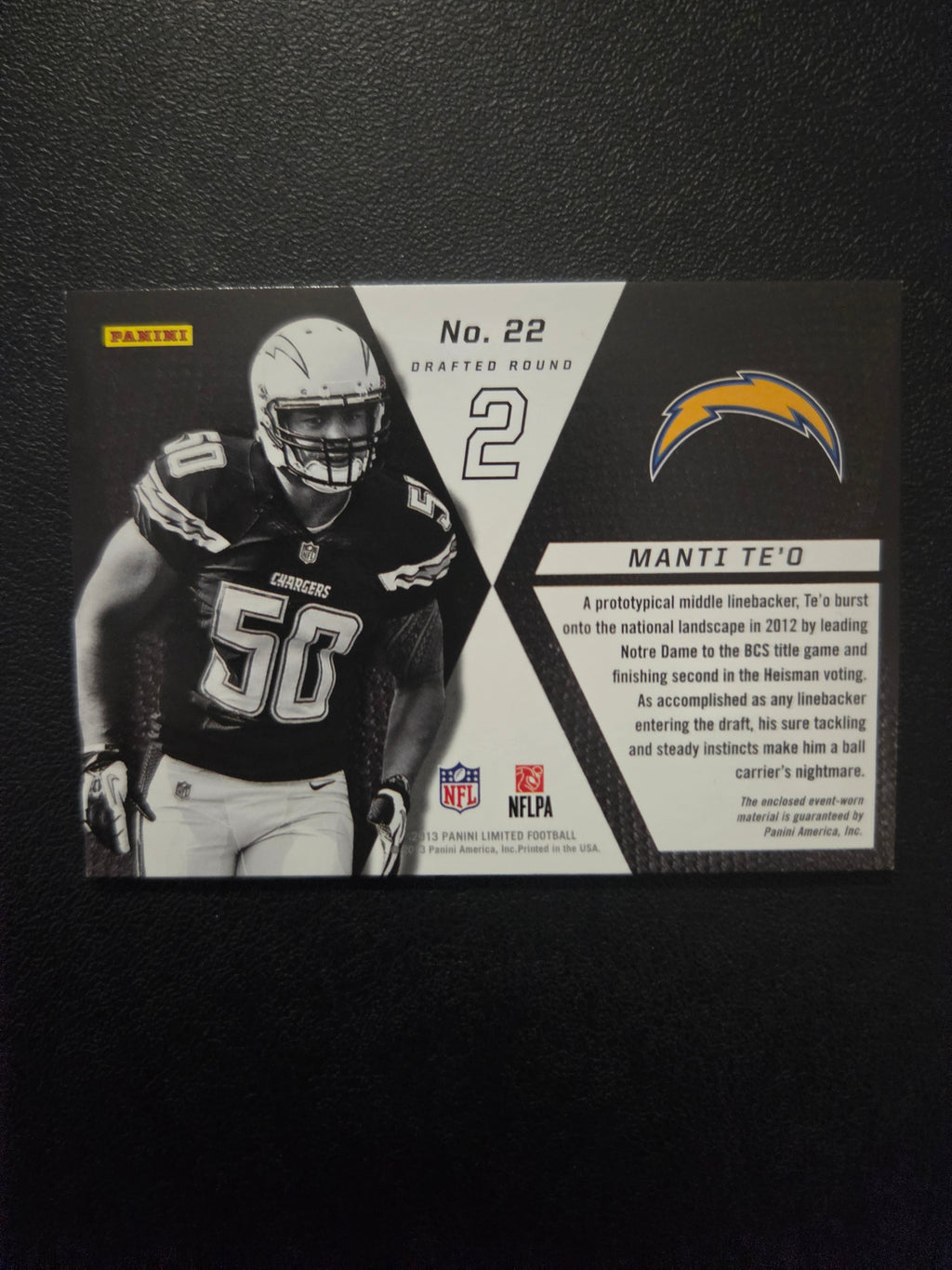 Back of 2013 Panini Limited Manti Te'o #22 Rookie Jumbo Jerseys RC Logo memorabilia card serial numbered 171/199.