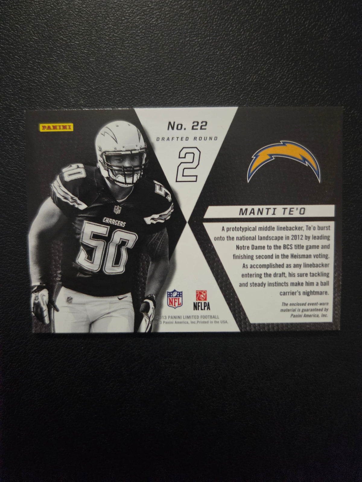 Back of 2013 Panini Limited Manti Te'o #22 Rookie Jumbo Jerseys RC Logo memorabilia card serial numbered 171/199.