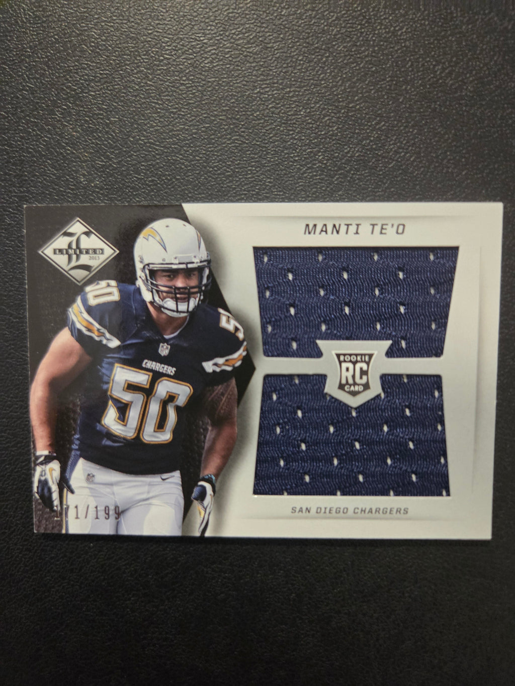 Front of 2013 Panini Limited Manti Te'o #22 Rookie Jumbo Jerseys RC Logo card numbered 171/199 with large navy Chargers jersey swatch.