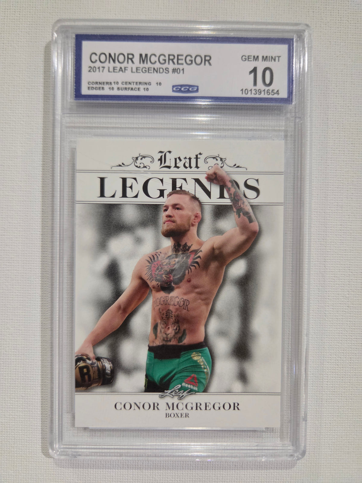 Front of 2017 Leaf Legends Conor McGregor #01 MMA card graded GMA 10 GEM MINT with 10 subgrades for corners, centering, edges and surface.