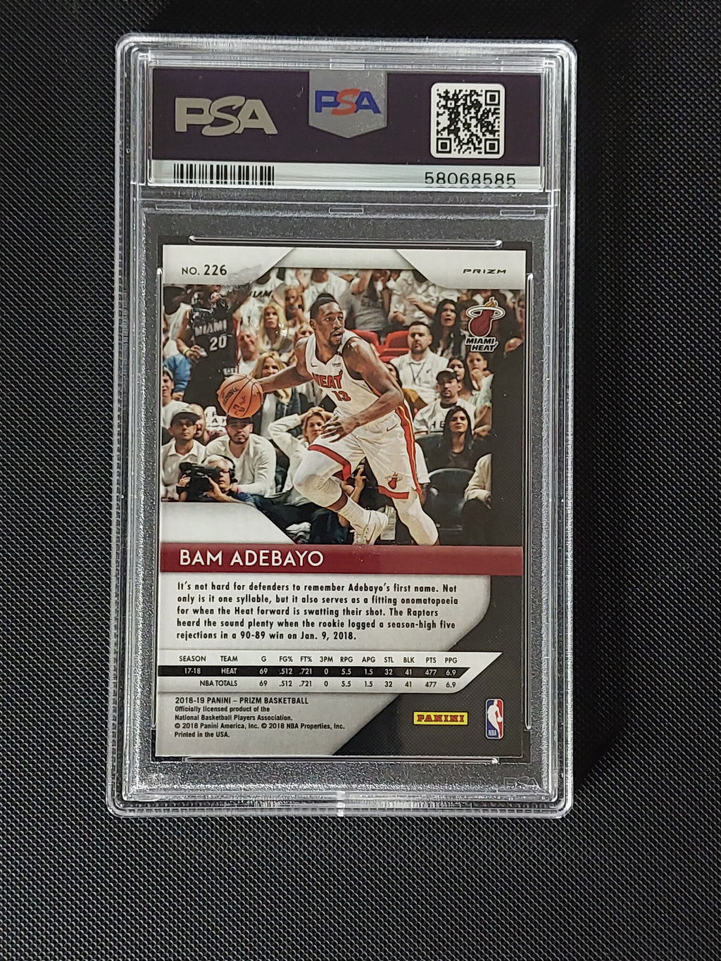 Back of Bam Adebayo #226 2018-19 Panini Prizm Silver basketball card in PSA Gem Mint 10 slab with certification 58068585.
