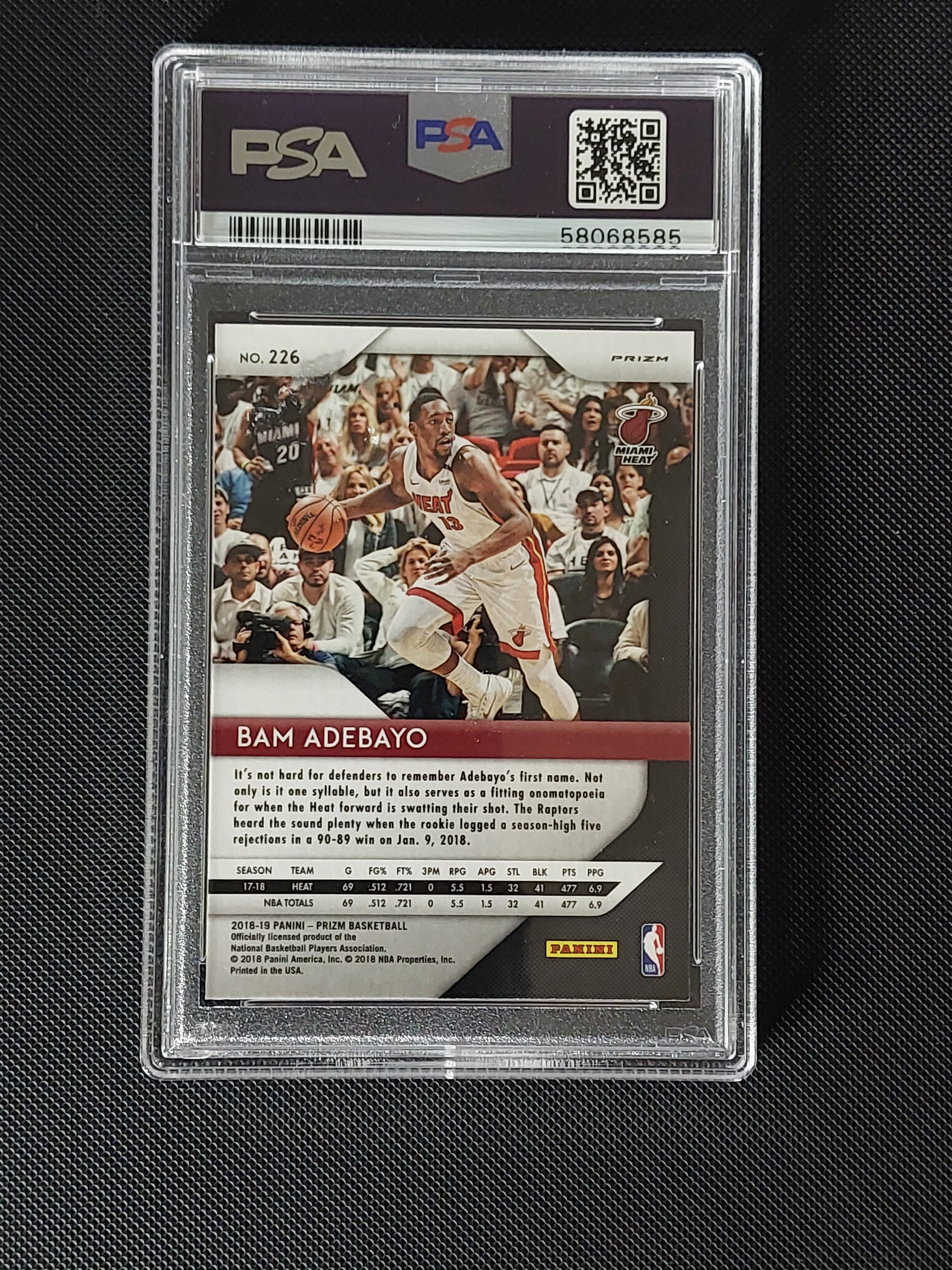 Back of Bam Adebayo #226 2018-19 Panini Prizm Silver basketball card in PSA Gem Mint 10 slab with certification 58068585.