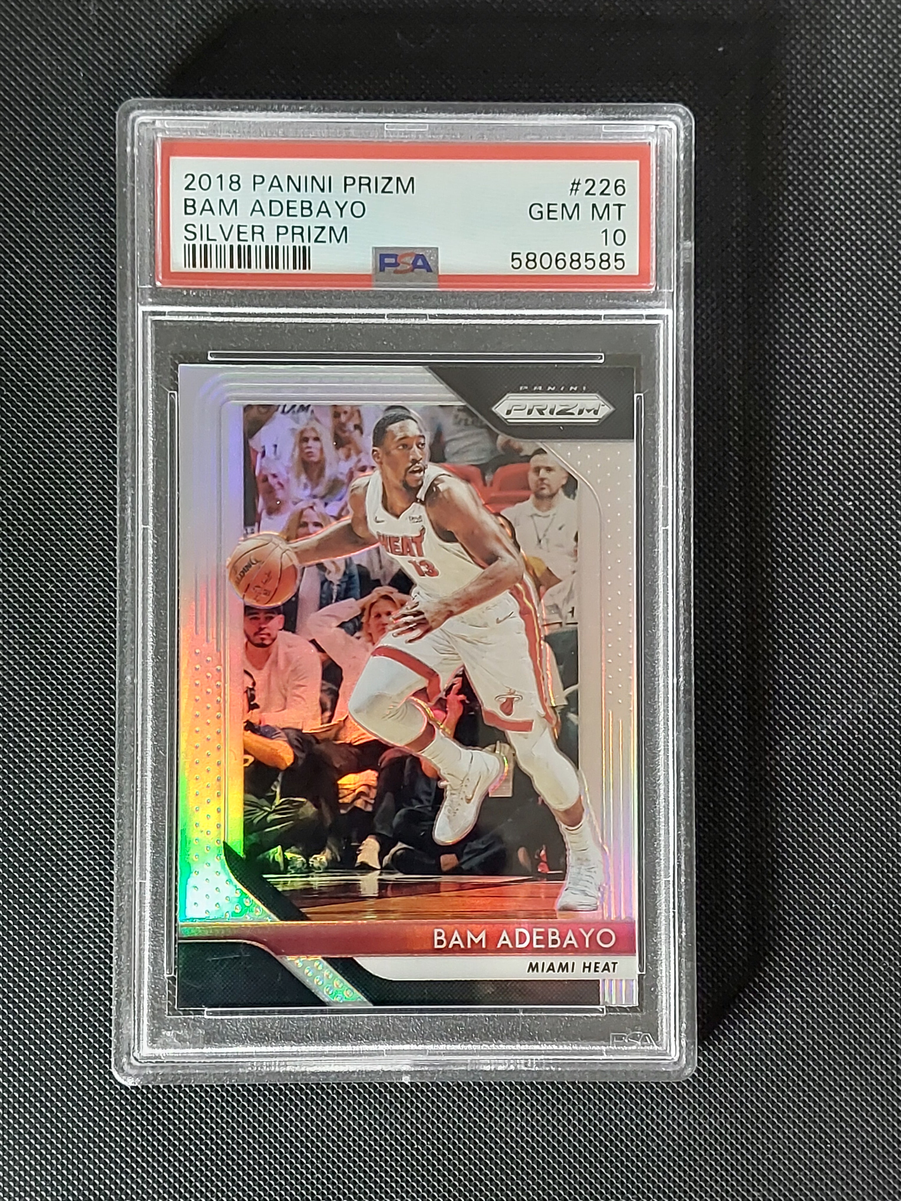 Front of 2018-19 Panini Prizm Bam Adebayo #226 Silver Prizm Miami Heat basketball card graded PSA Gem Mint 10.