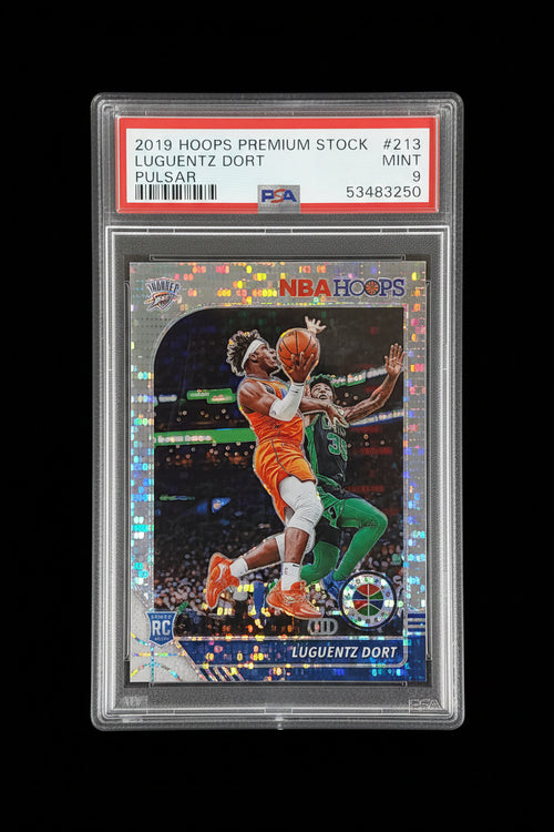2019-20 NBA Hoops Premium Stock Luguentz Dort #213 Pulsar Prizm rookie PSA 9 front