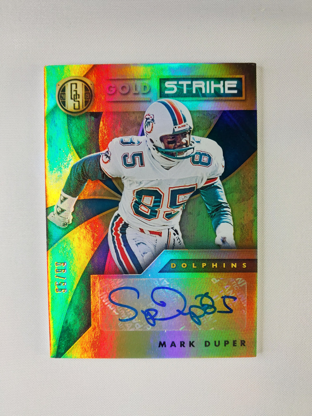 Front of 2019 Panini Gold Standard Mark Duper Gold Strike GS-MD certified autograph card serial numbered 95/99 featuring the Miami Dolphins receiver.