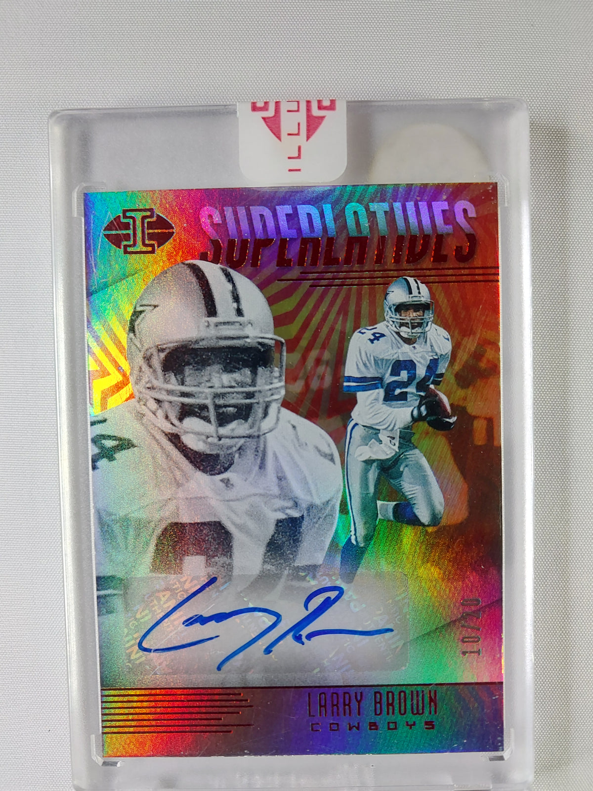 2019 Panini Illusions Larry Brown Superlatives Red SP-LB certified autograph serial numbered 10/20 featuring the Dallas Cowboys Super Bowl MVP.