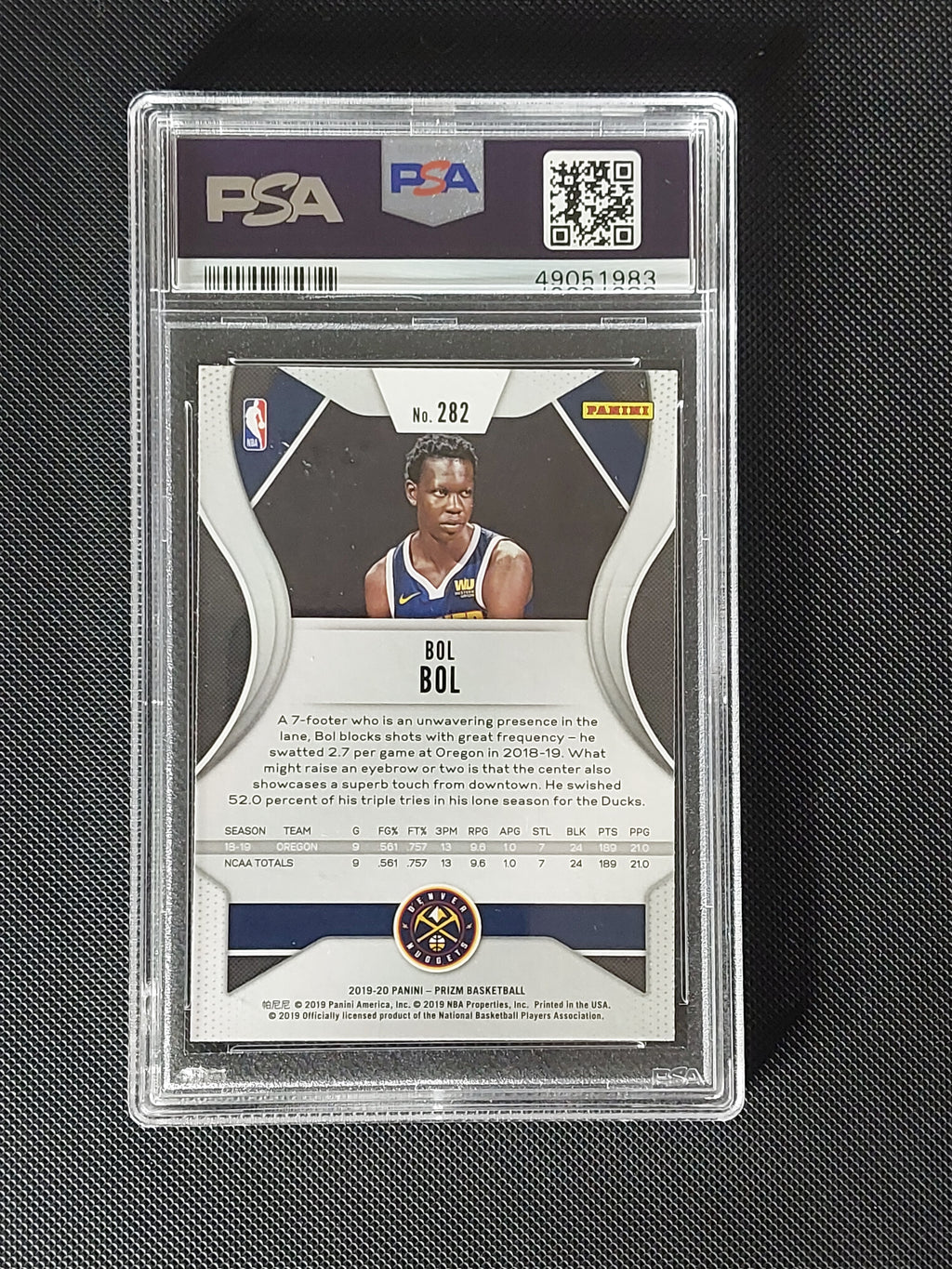 Back of Bol Bol #282 2019-20 Panini Prizm rookie card in PSA Mint 9 slab showing Denver Nuggets player information and PSA certification 49051983.