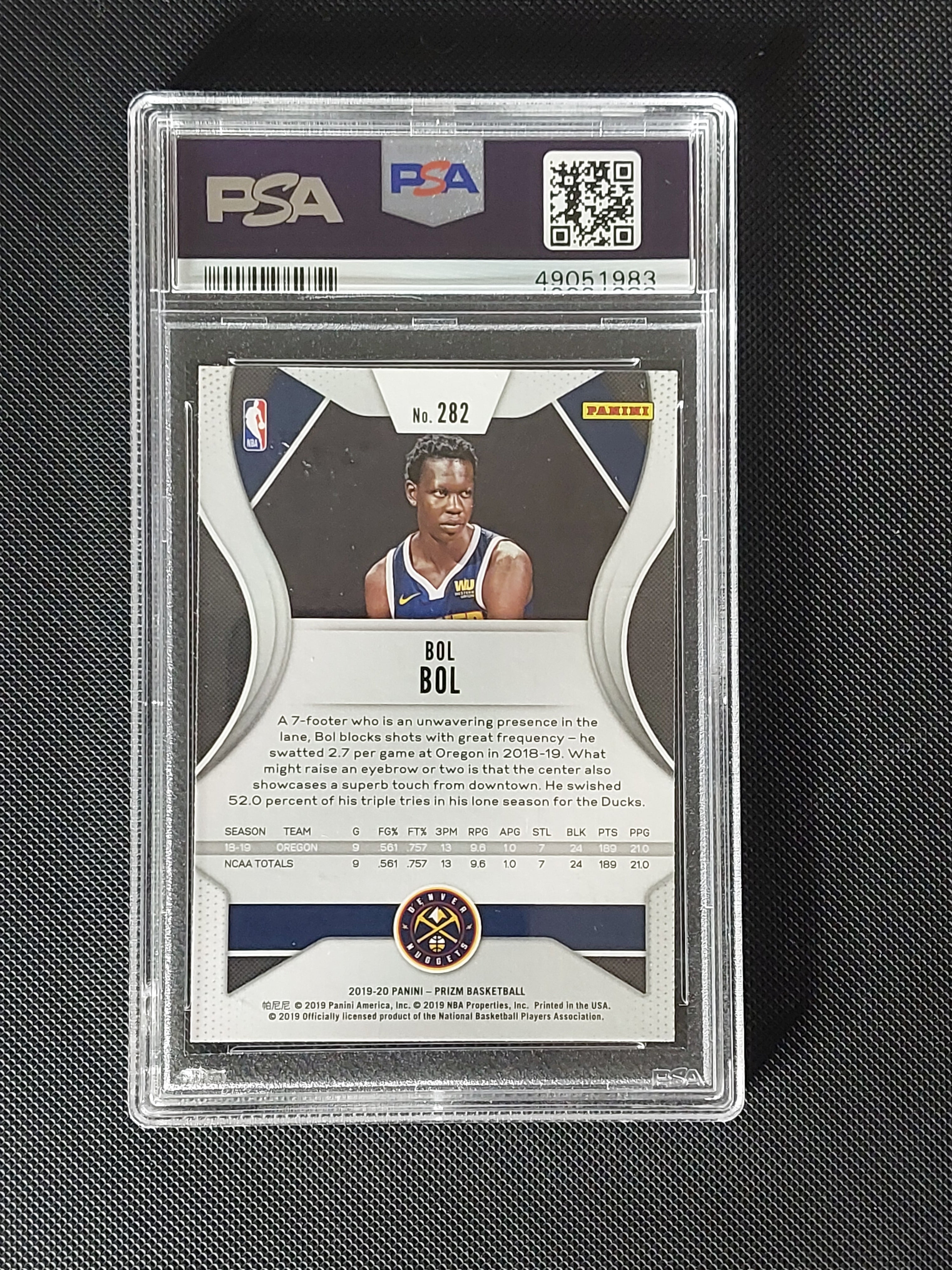 Back of Bol Bol #282 2019-20 Panini Prizm rookie card in PSA Mint 9 slab showing Denver Nuggets player information and PSA certification 49051983.