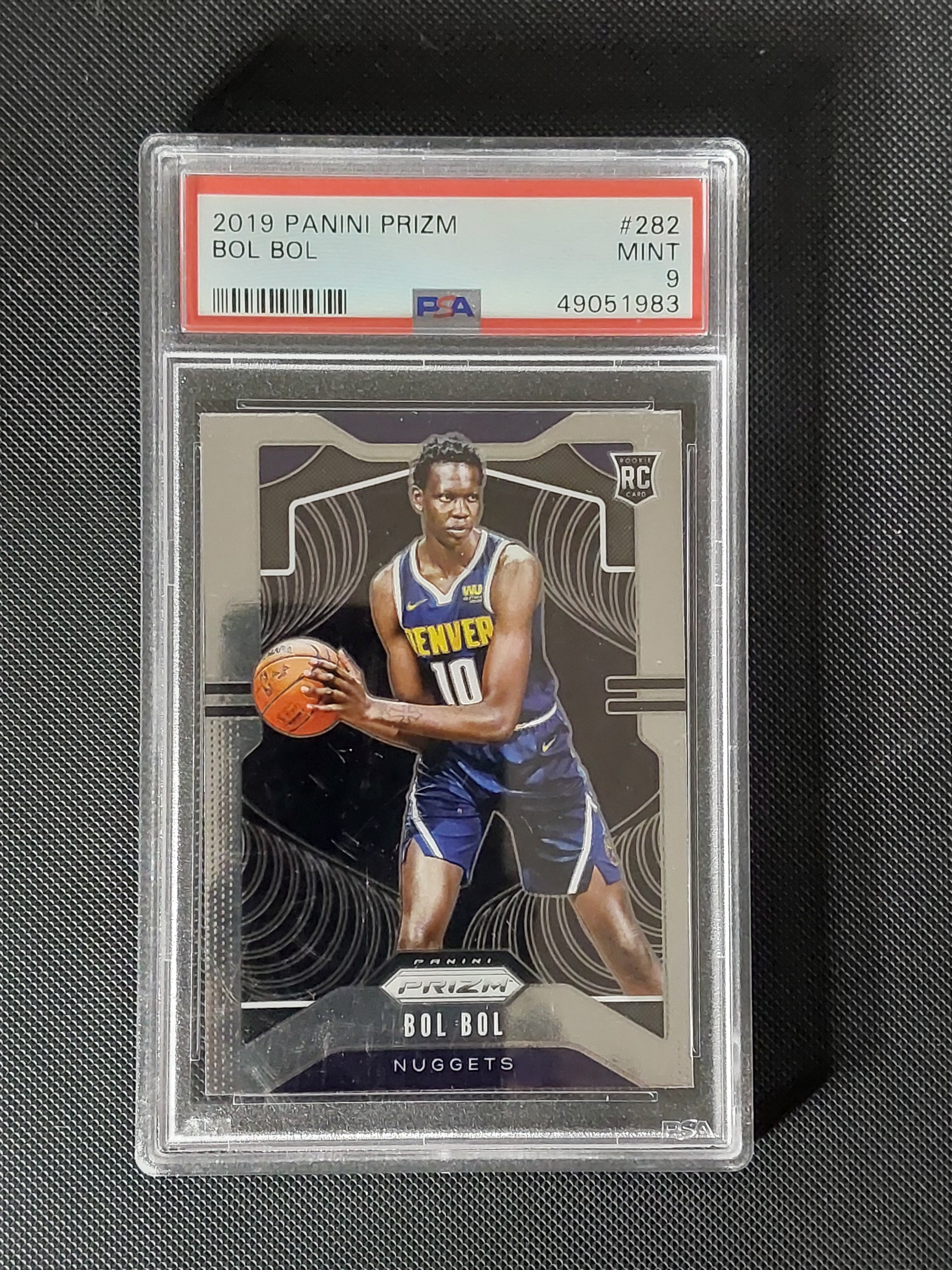 Front of 2019-20 Panini Prizm Bol Bol #282 Denver Nuggets rookie card graded PSA Mint 9 in a clear PSA slab.