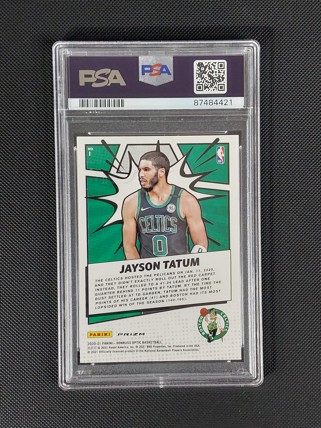 Back of Jayson Tatum 2020-21 Donruss Optic My House Purple #1 PSA 9 graded basketball card