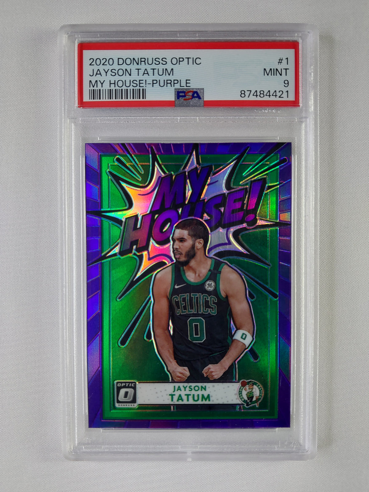 Front of 2020 Donruss Optic Jayson Tatum My House Purple Prizm #1 Boston Celtics card graded PSA 9 MINT, certification 87484421.