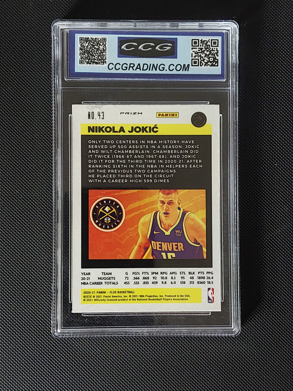 Back of Nikola Jokic #43 Panini Flux Silver Cracked Ice card in CCG Gem Mint 10 slab showing Denver Nuggets player information.