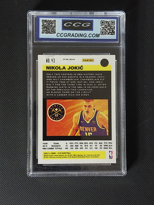 Back of Nikola Jokic #43 Panini Flux Silver Cracked Ice card in CCG Gem Mint 10 slab showing Denver Nuggets player information.