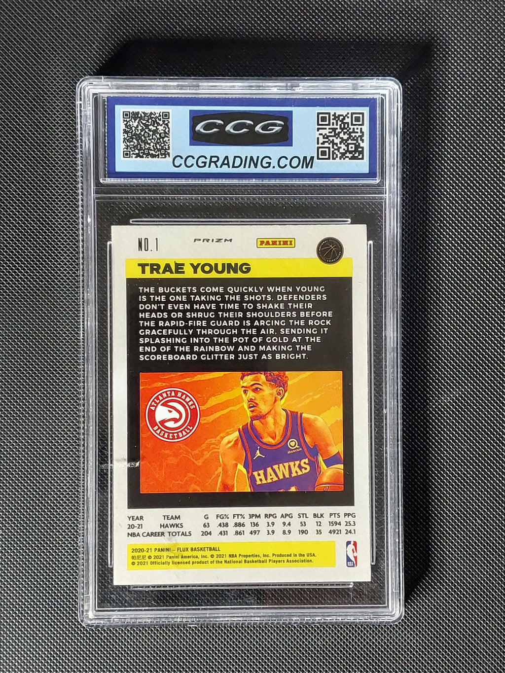 Back of 2020-21 Panini Flux Trae Young #1 Silver Pulsar Prizm CCG 10 basketball card