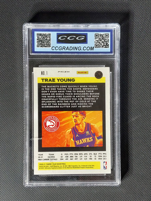 Back of 2020-21 Panini Flux Trae Young #1 Silver Pulsar Prizm CCG 10 basketball card