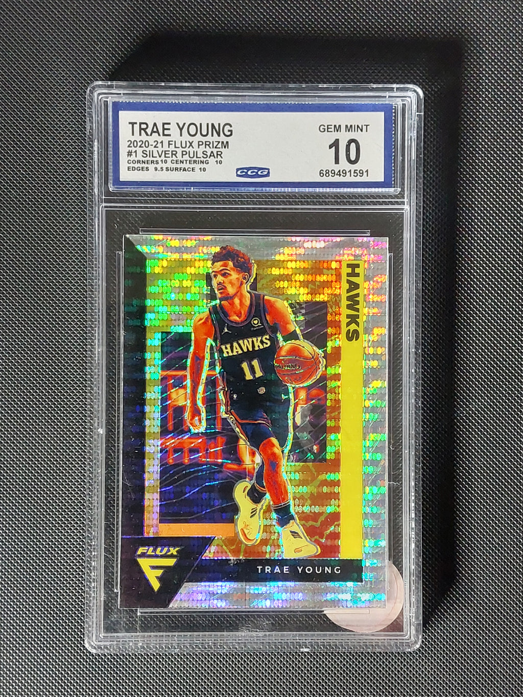 2020-21 Panini Flux Trae Young #1 Silver Pulsar Prizm CCG 10 Gem Mint Atlanta Hawks card