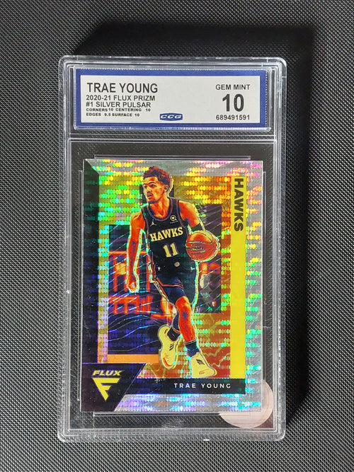 2020-21 Panini Flux Trae Young #1 Silver Pulsar Prizm CCG 10 Gem Mint Atlanta Hawks card