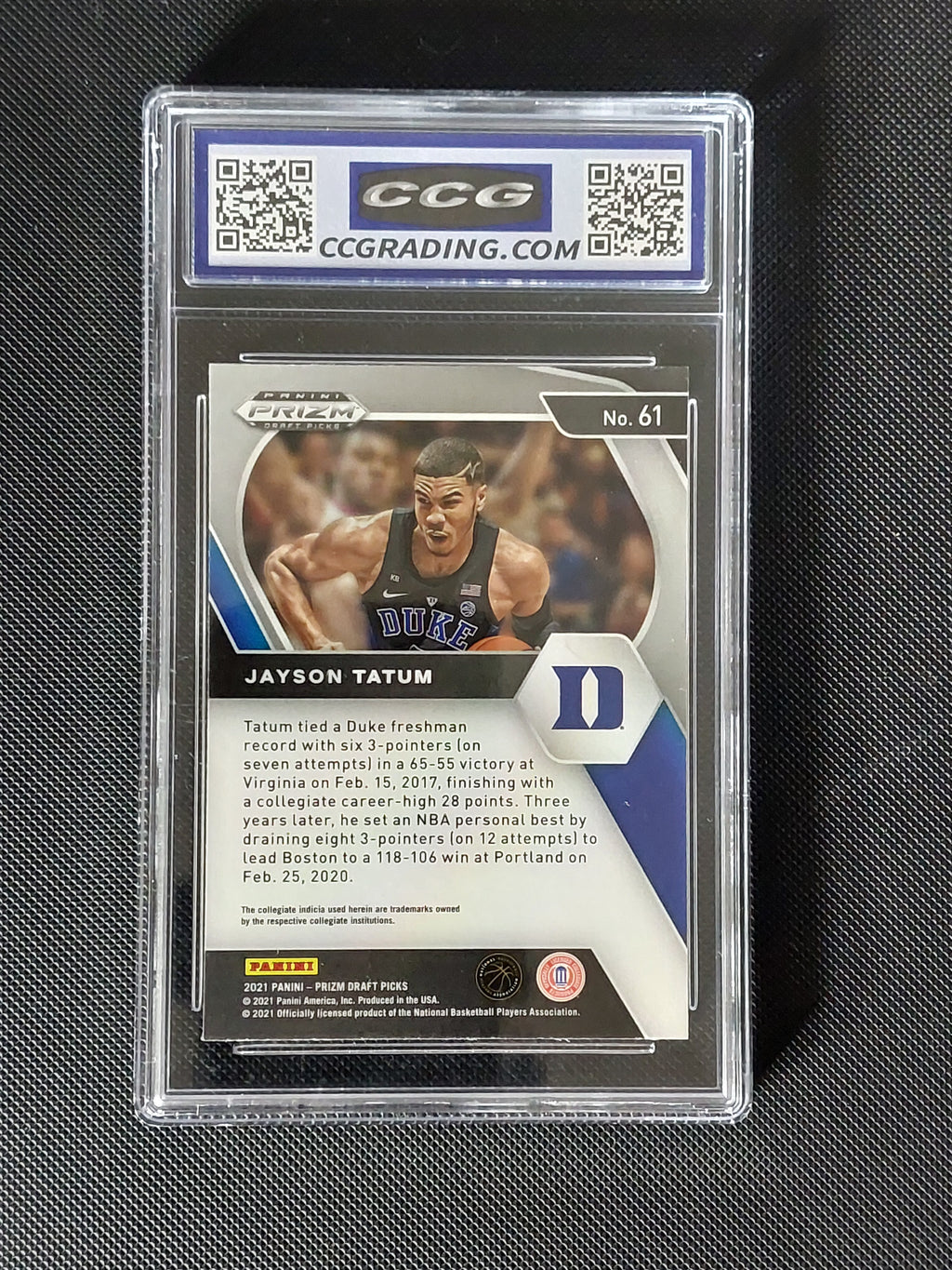 Back of Jayson Tatum #61 Panini Prizm Draft Picks Duke basketball card in CCG Gem Mint 10 slab showing player information.