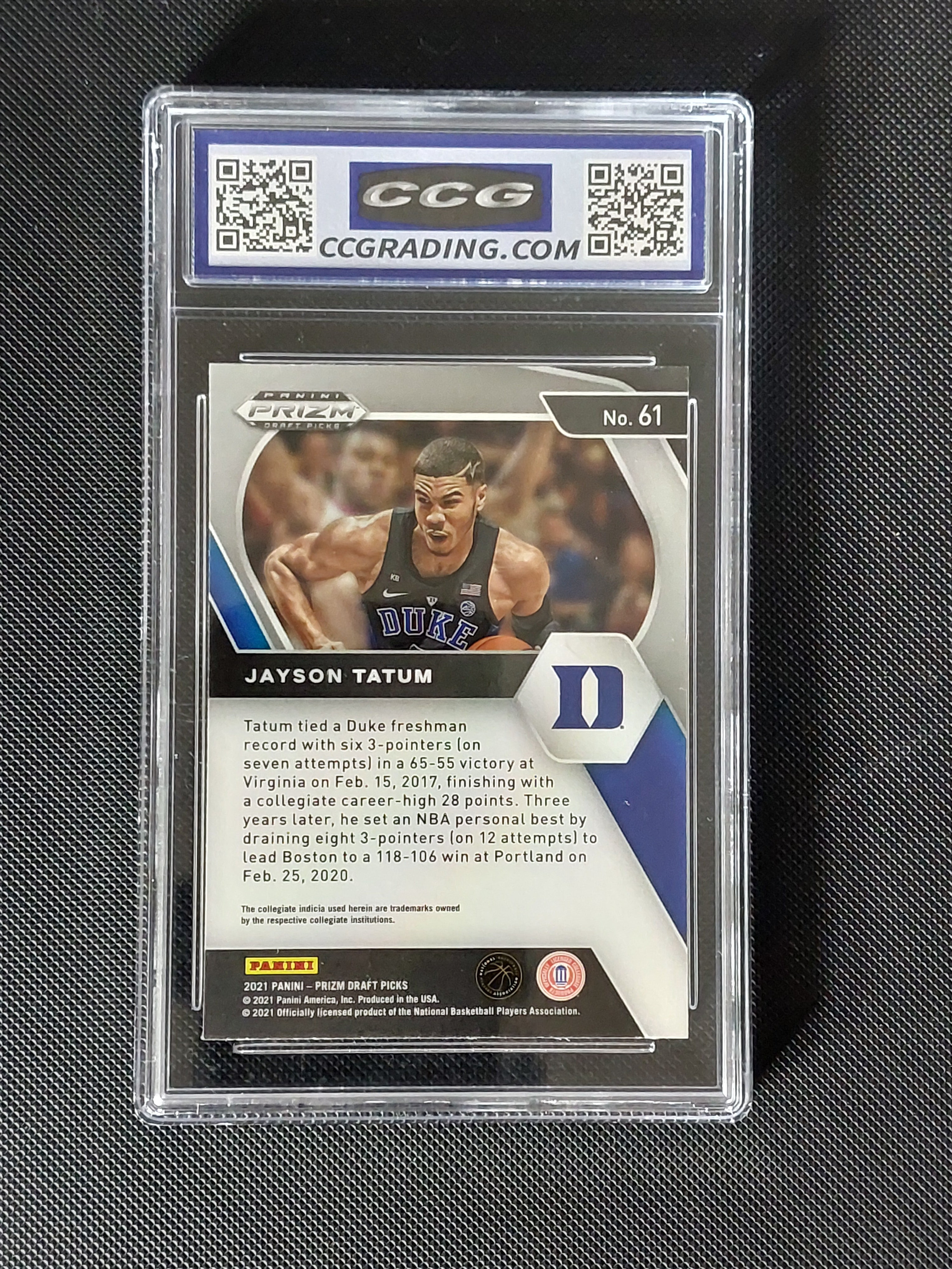 Back of Jayson Tatum #61 Panini Prizm Draft Picks Duke basketball card in CCG Gem Mint 10 slab showing player information.