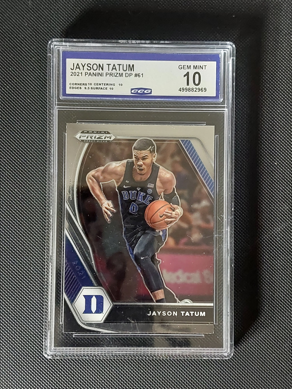 Front of 2021-22 Panini Prizm Draft Picks Jayson Tatum #61 Duke Blue Devils basketball card graded CCG Gem Mint 10.
