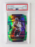 Front of 2021 Select Davis Mills #65 Neon Green Prizm Die-Cut rookie numbered 137/349 and graded PSA 10 Gem Mint.