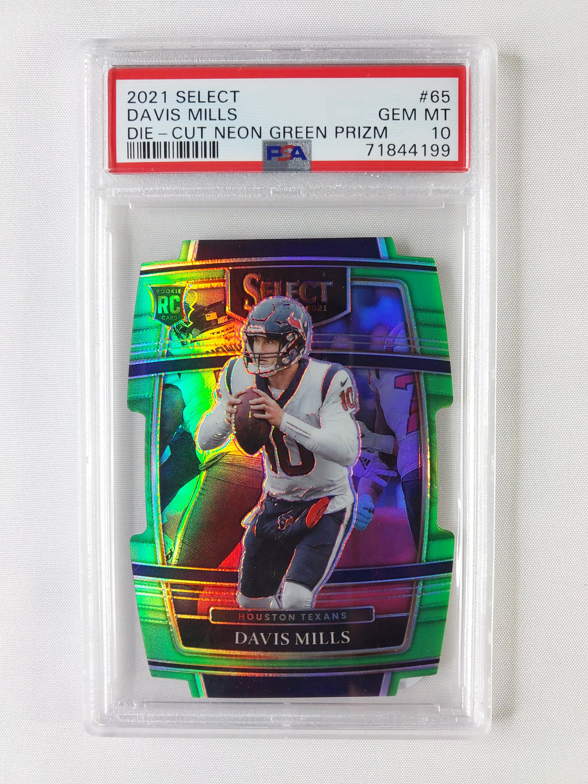 Front of 2021 Select Davis Mills #65 Neon Green Prizm Die-Cut rookie numbered 137/349 and graded PSA 10 Gem Mint.