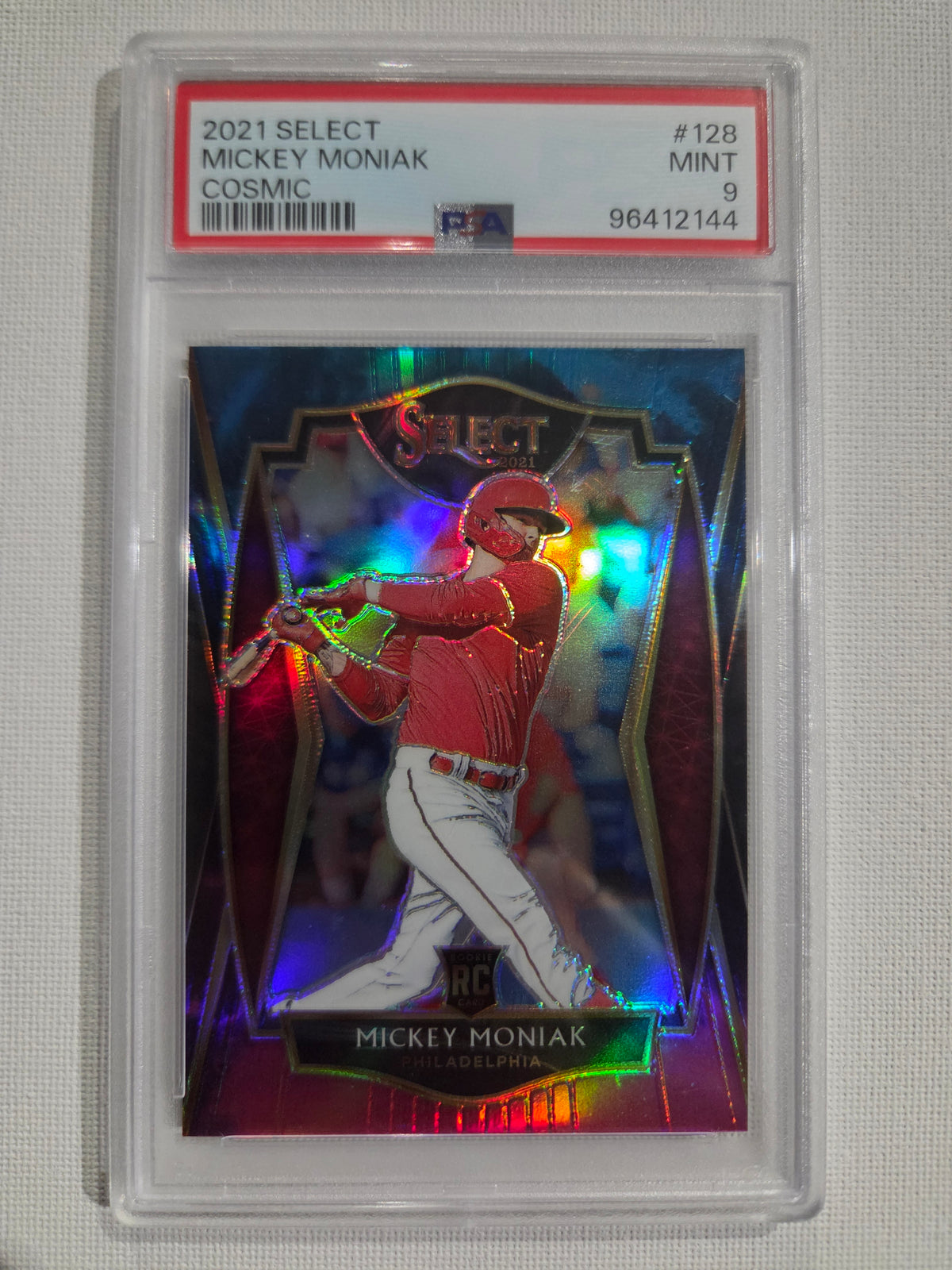 Front of 2021 Panini Select Mickey Moniak #128 Cosmic Premier Level rookie card graded PSA 9 MINT, certification 96412144.