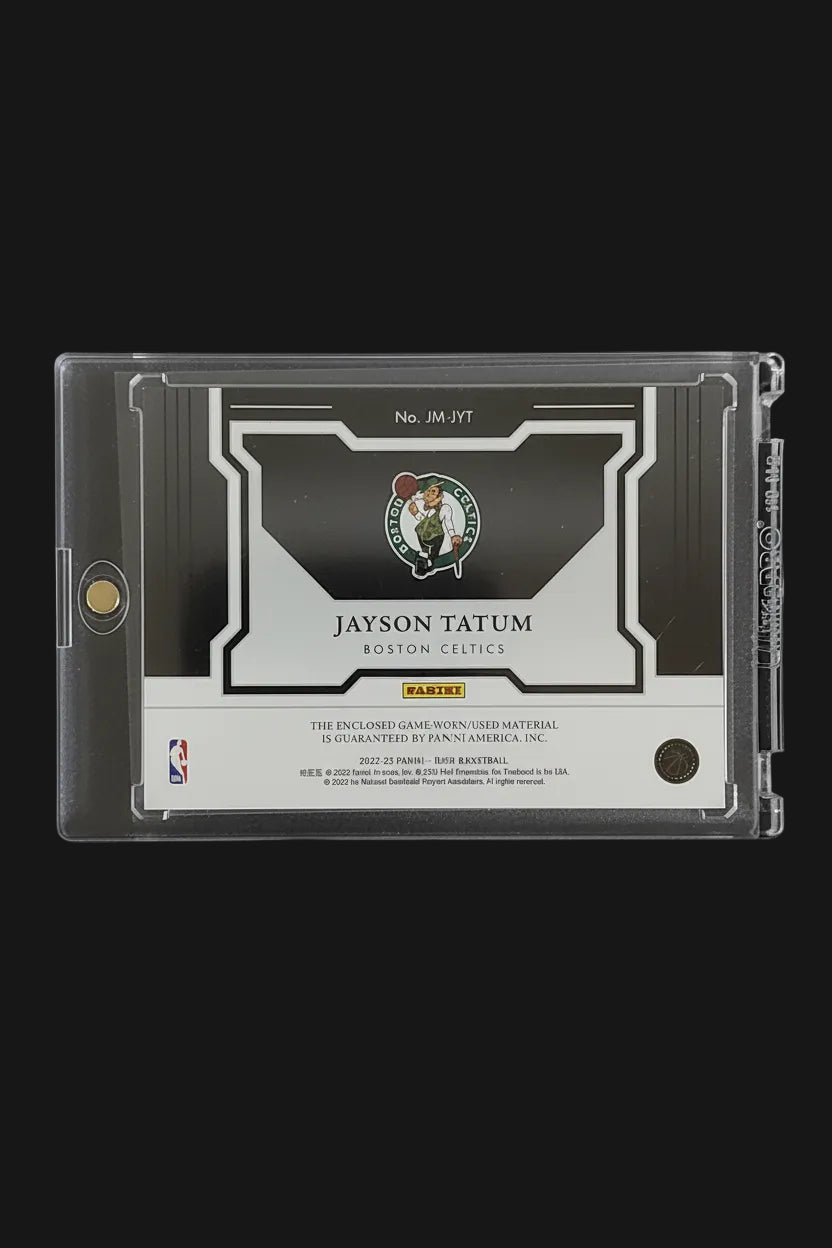 Back of Jayson Tatum 2022-23 Panini Noir Jumbo Material #JM-JYT 25/99 confirming enclosed game-worn used material