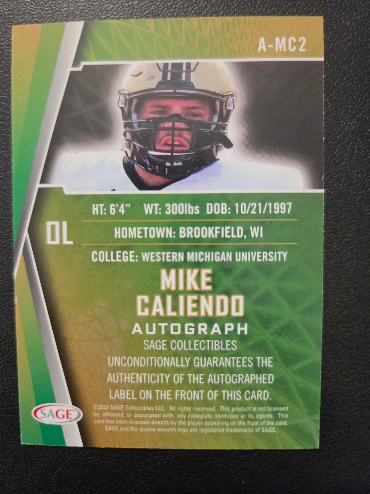 Back of 2022 SAGE Mike Caliendo A-MC2 Black rookie autograph showing Western Michigan player information and SAGE autograph authentication.