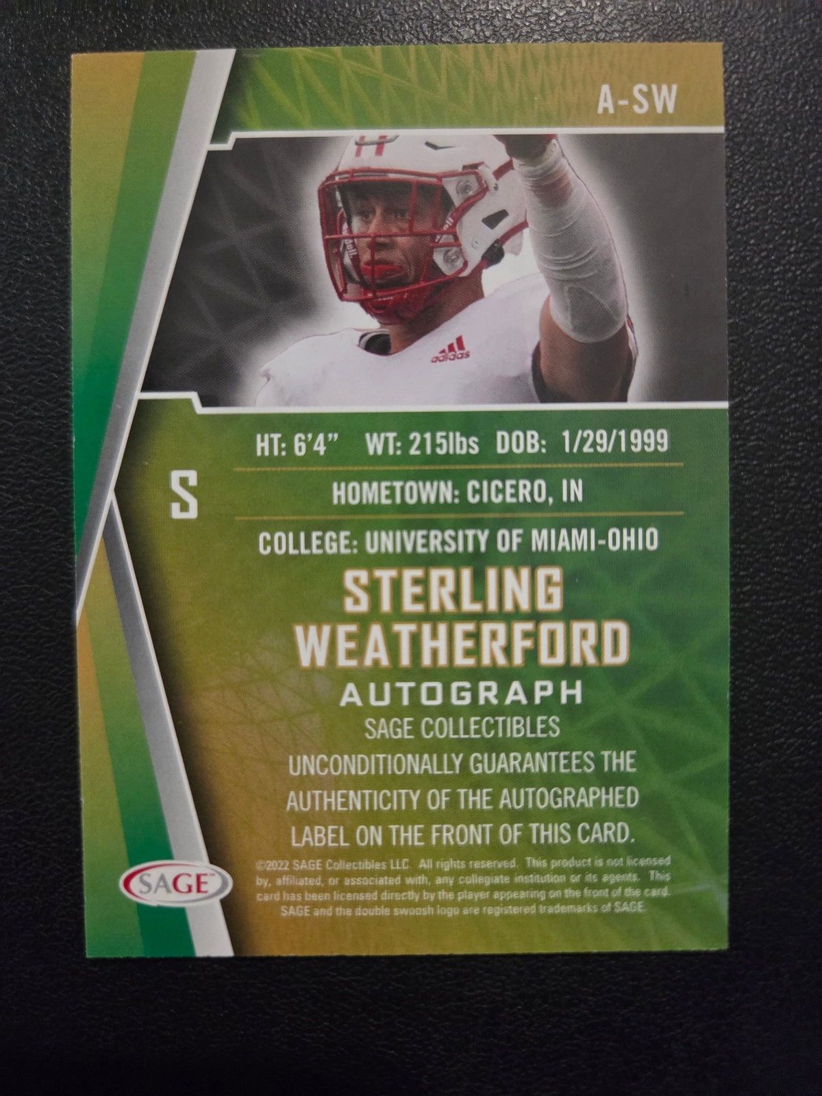 Back of 2022 SAGE Sterling Weatherford A-SW autograph card showing Miami Ohio player information and SAGE autograph authentication.